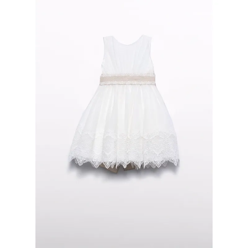 CREAM GUIPERE EMBROIDERED DRESS GOLD BELT WITH SLEEVES / 5028-003