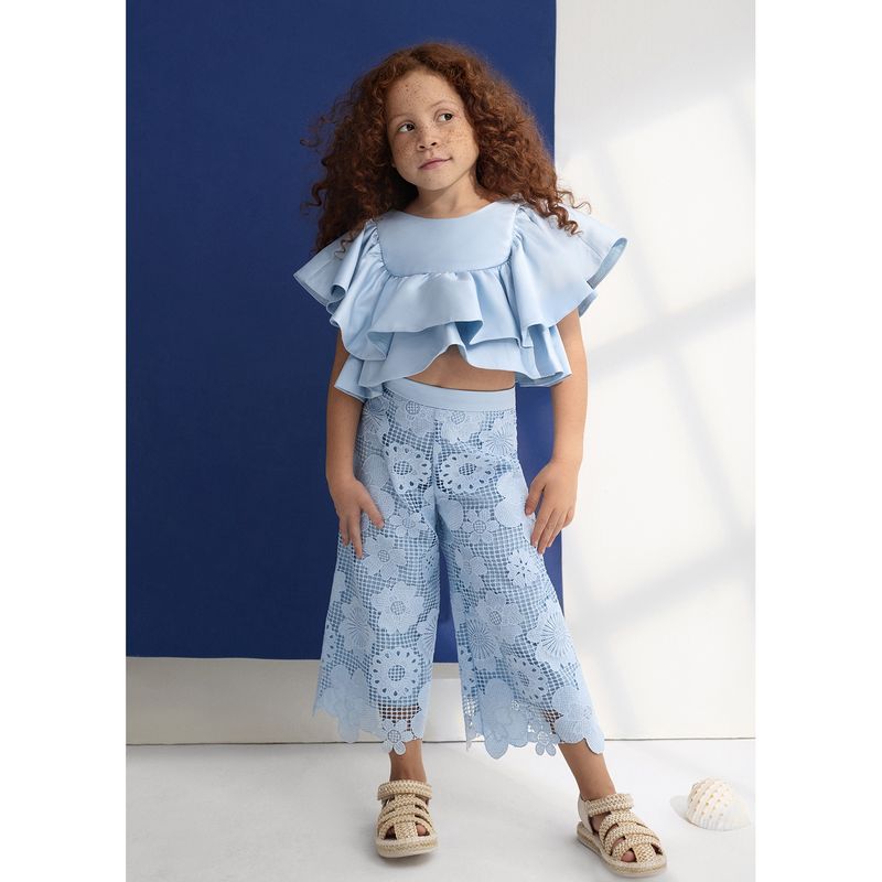 SKY BLUE 2PC GUIPERE LACE CULOTTE PANT SET SATIN TOP 2 TIERS / 5212-011