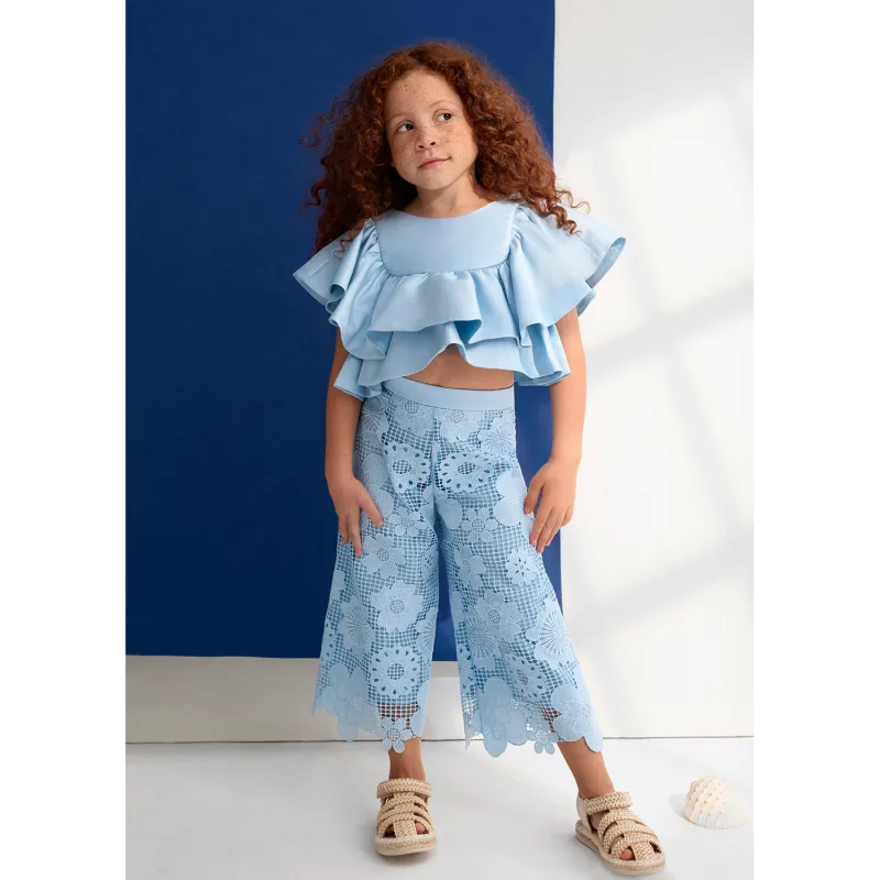 SKY BLUE 2PC GUIPERE LACE CULOTTE PANT SET SATIN TOP 2 TIERS / 5212-011