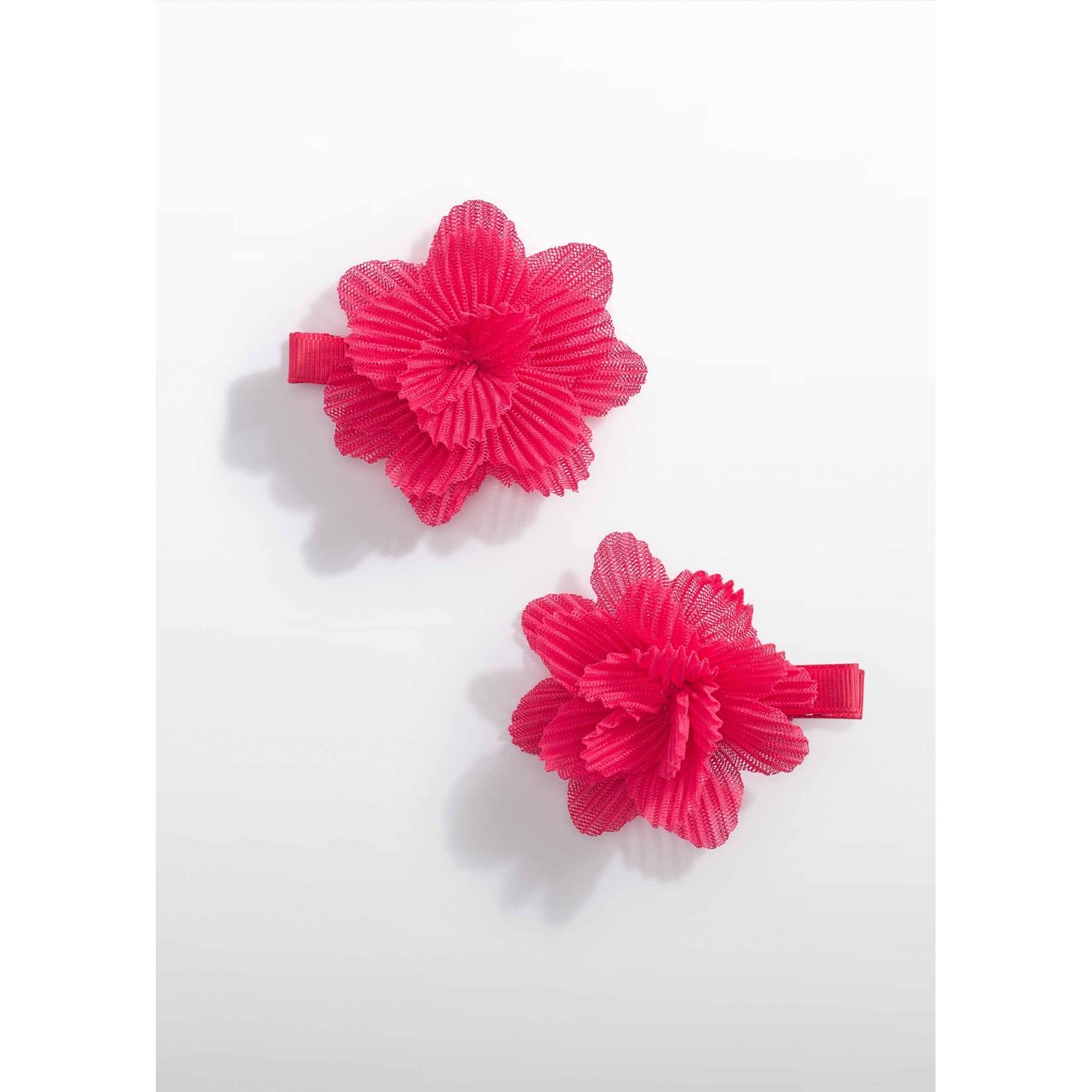 2PC FUSCHIA HAIRCLIP SET RIBBED FLOWER TRIM / 5457-067