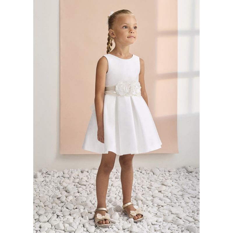 CREAM DRESS GOLD BELT FLOWER APPLIQUE PLEATED / 5030-086