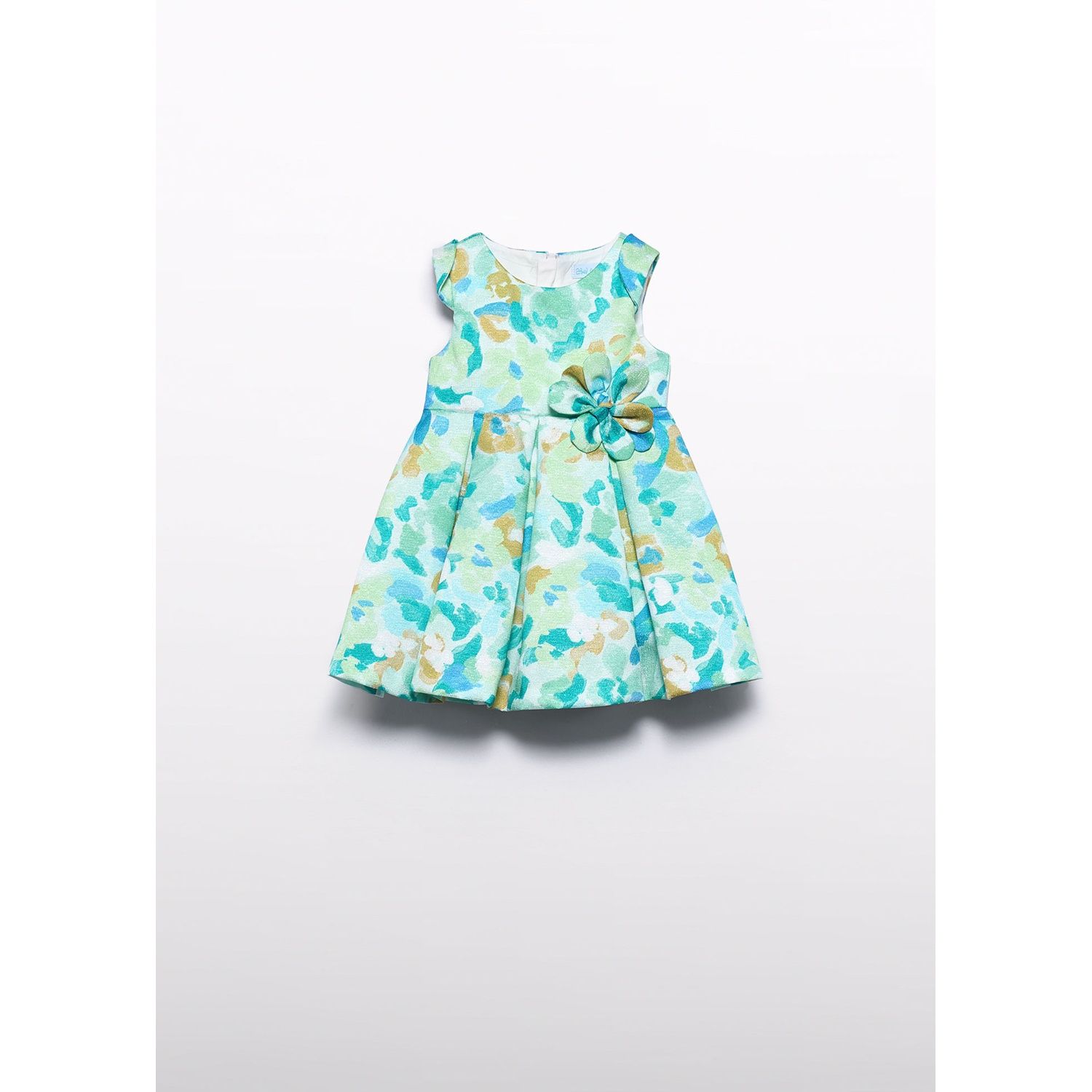 JADE GREEN PRINTED DRESS PLEATED CAP SLEVE FOWER TRIM / 5016-009