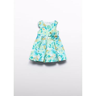 JADE GREEN PRINTED DRESS PLEATED CAP SLEVE FOWER TRIM / 5016-009