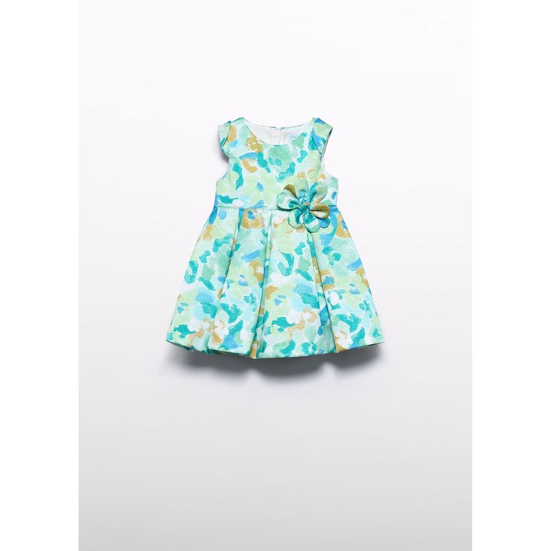JADE GREEN PRINTED DRESS PLEATED CAP SLEVE FOWER TRIM / 5016-009