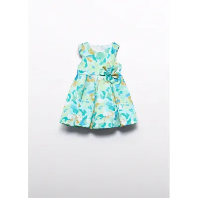 JADE GREEN PRINTED DRESS PLEATED CAP SLEVE FOWER TRIM / 5016-009