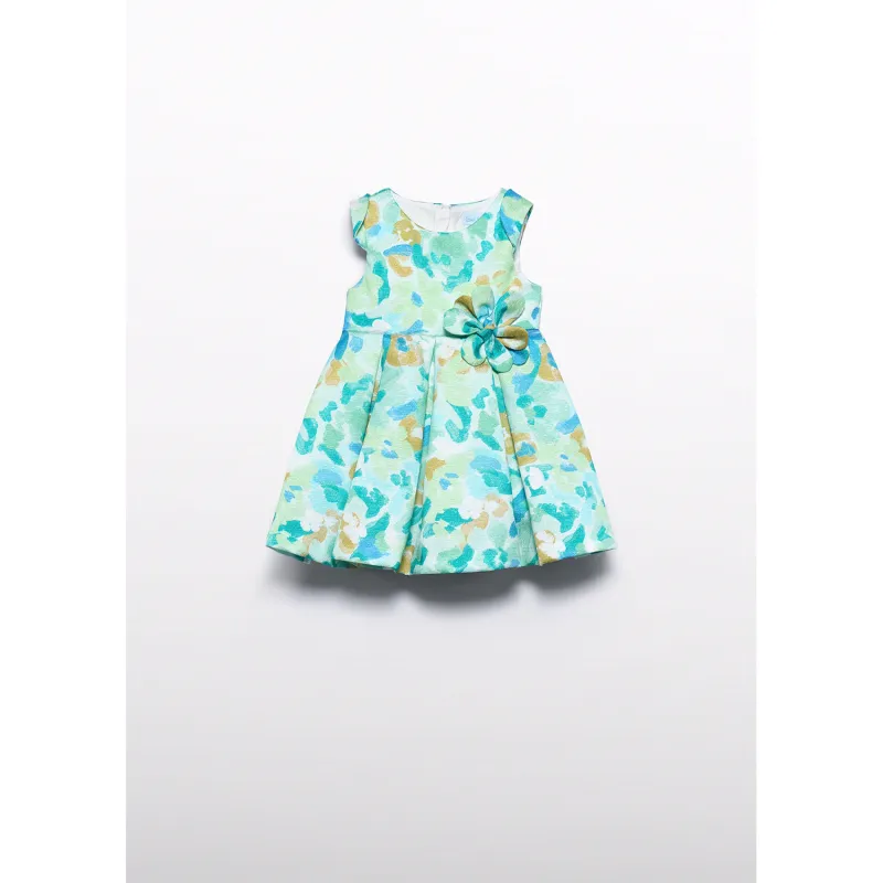 JADE GREEN PRINTED DRESS PLEATED CAP SLEVE FOWER TRIM / 5016-009