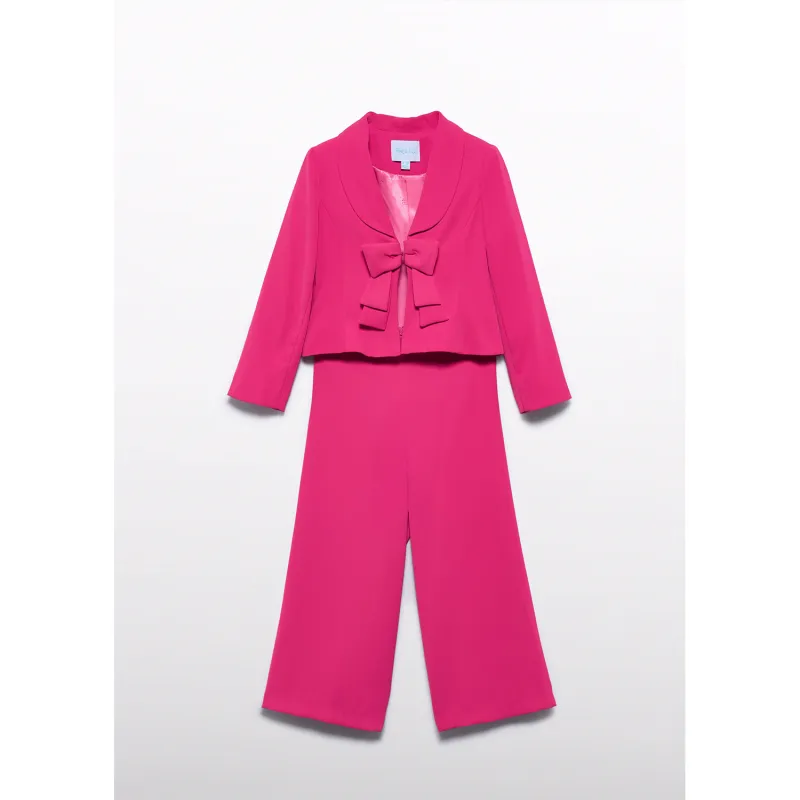 2PC FUSCHIA PANT SET SHAWL COLLAR BOW TRIM / 5220-002
