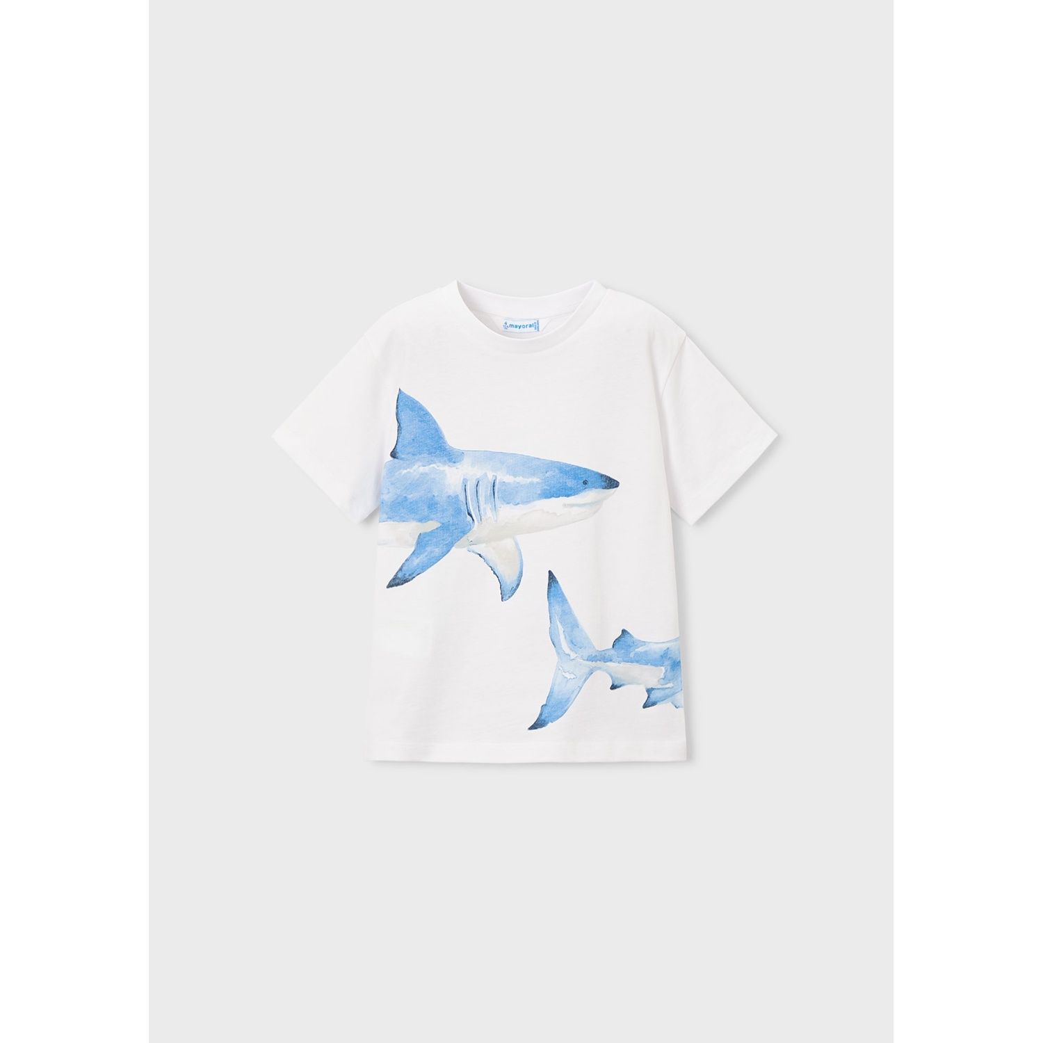WHITE TSHIRT BLUE SHARK PRINT SHORT SLEEVE / 3080-92