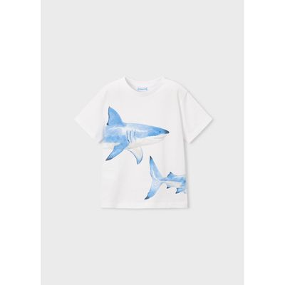 WHITE TSHIRT BLUE SHARK PRINT SHORT SLEEVE / 3080-92