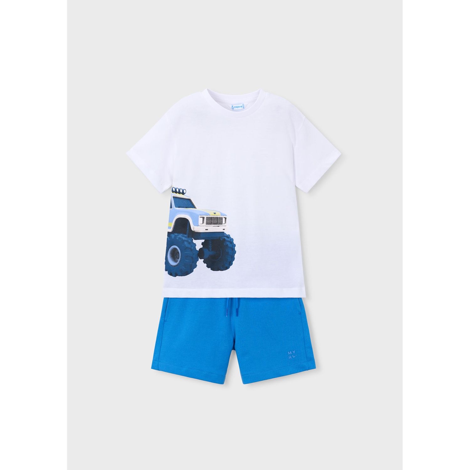 2PC WHITE TSHIRT BLUE SHORTS TRUCK PRINT / 3605-040