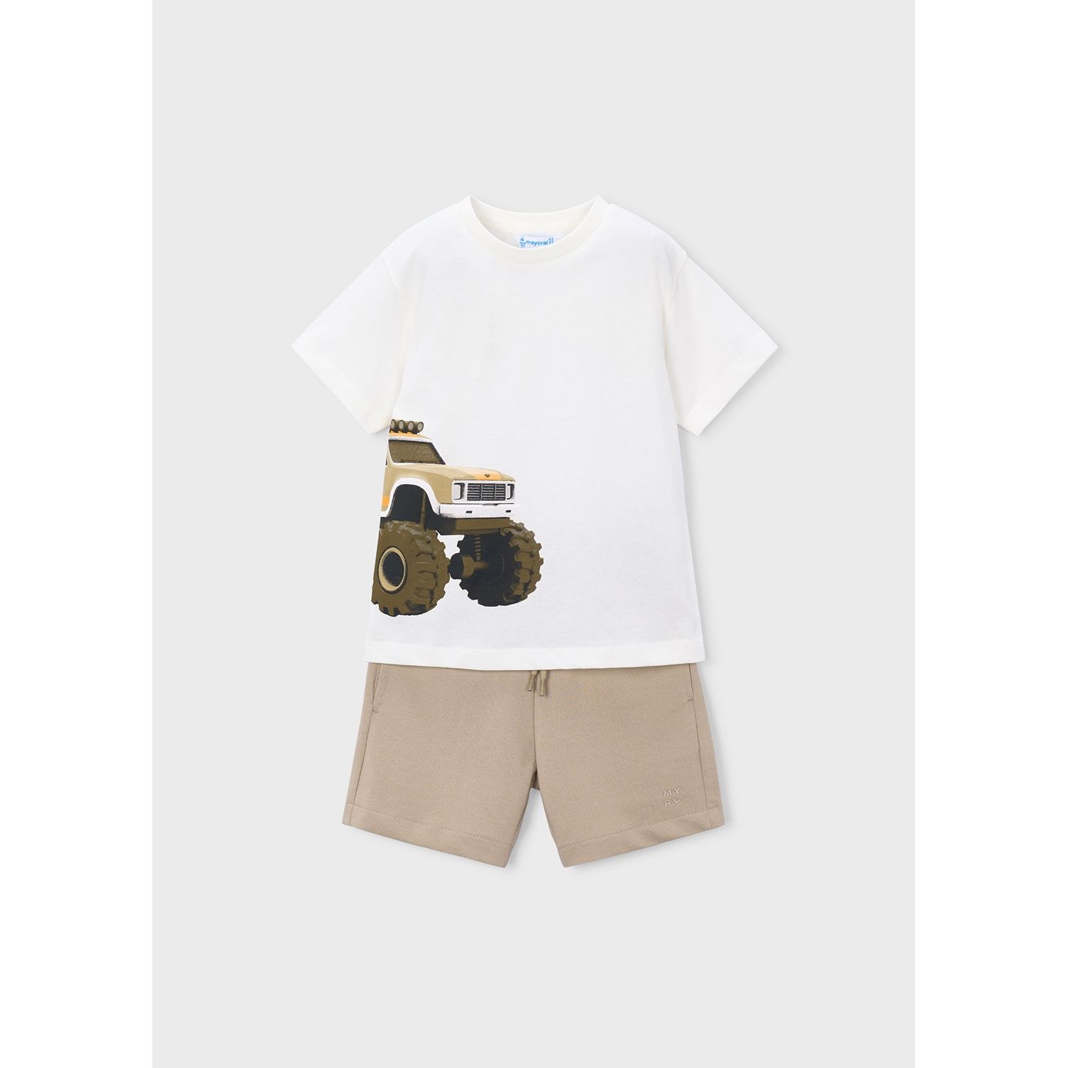 2PC CREAM & TAUPE SHORT SET TRUCK PRINT / 3605-0412