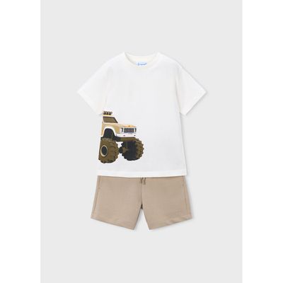 2PC CREAM & TAUPE SHORT SET TRUCK PRINT / 3605-0412