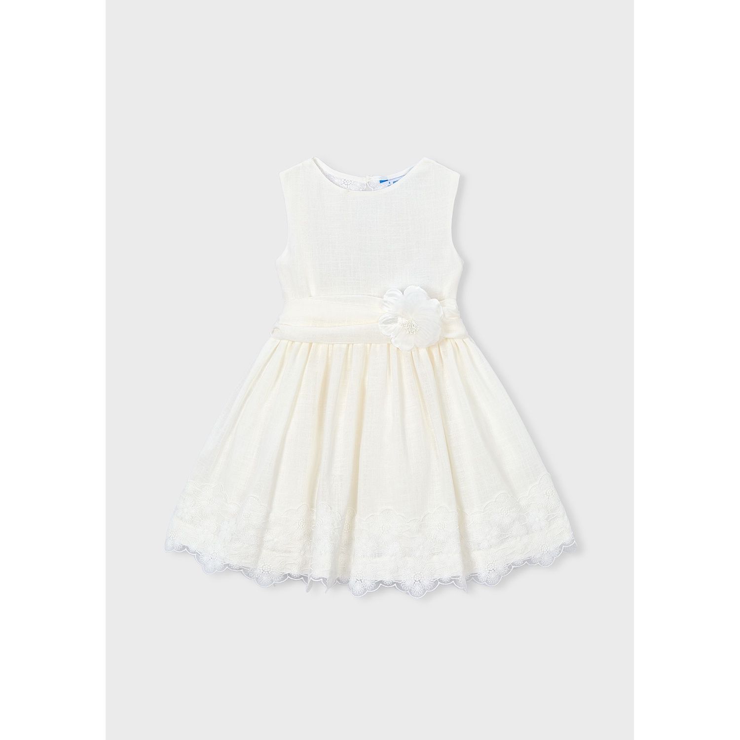 OFF WHITE GAUZE DRESS & BELT LACE BACK & HEM TRIM FLOWER APPLIQUE / 3914-042