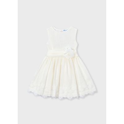 OFF WHITE GAUZE DRESS & BELT LACE BACK & HEM TRIM FLOWER APPLIQUE / 3914-042