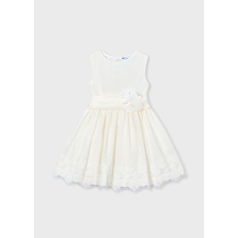 OFF WHITE GAUZE DRESS & BELT LACE BACK & HEM TRIM FLOWER APPLIQUE / 3914-042