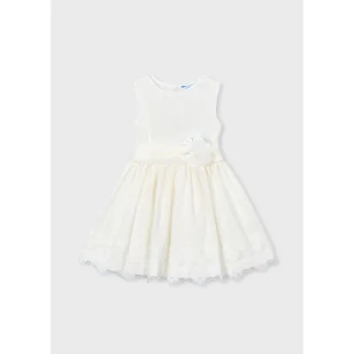 OFF WHITE GAUZE DRESS & BELT LACE BACK & HEM TRIM FLOWER APPLIQUE / 3914-042
