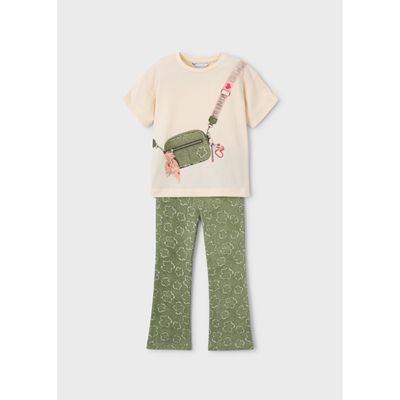 2PC BEIGE & GREEN LEGGING SET PURSE &FLORAL PRINT / 3730-016