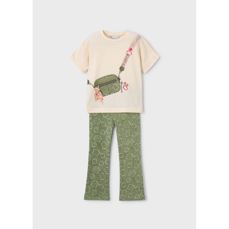 2PC BEIGE & GREEN LEGGING SET PURSE &FLORAL PRINT / 3730-016