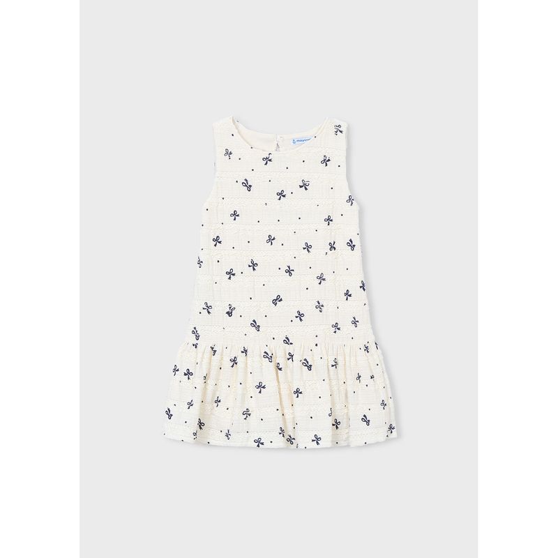 CREAM DRESS NVY BOWS PRINT LACE TRIM / 3945-027