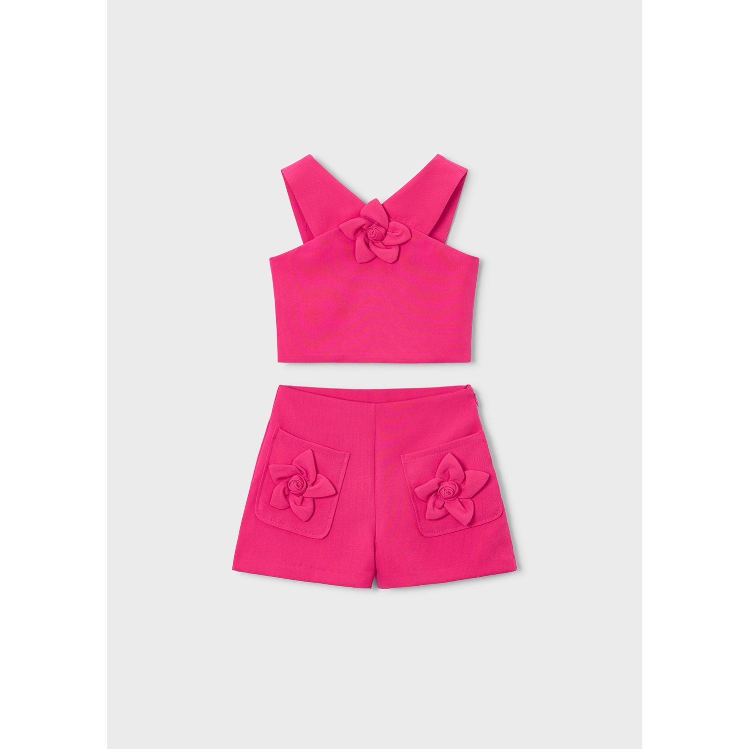 2PC FUSCHIA SHORT SET FLOWER APPLIQUE / 3948-094