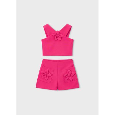 2PC FUSCHIA SHORT SET FLOWER APPLIQUE / 3948-094