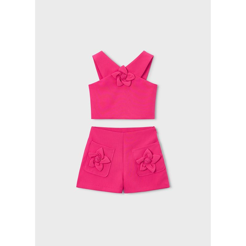 2PC FUSCHIA SHORT SET FLOWER APPLIQUE / 3948-094
