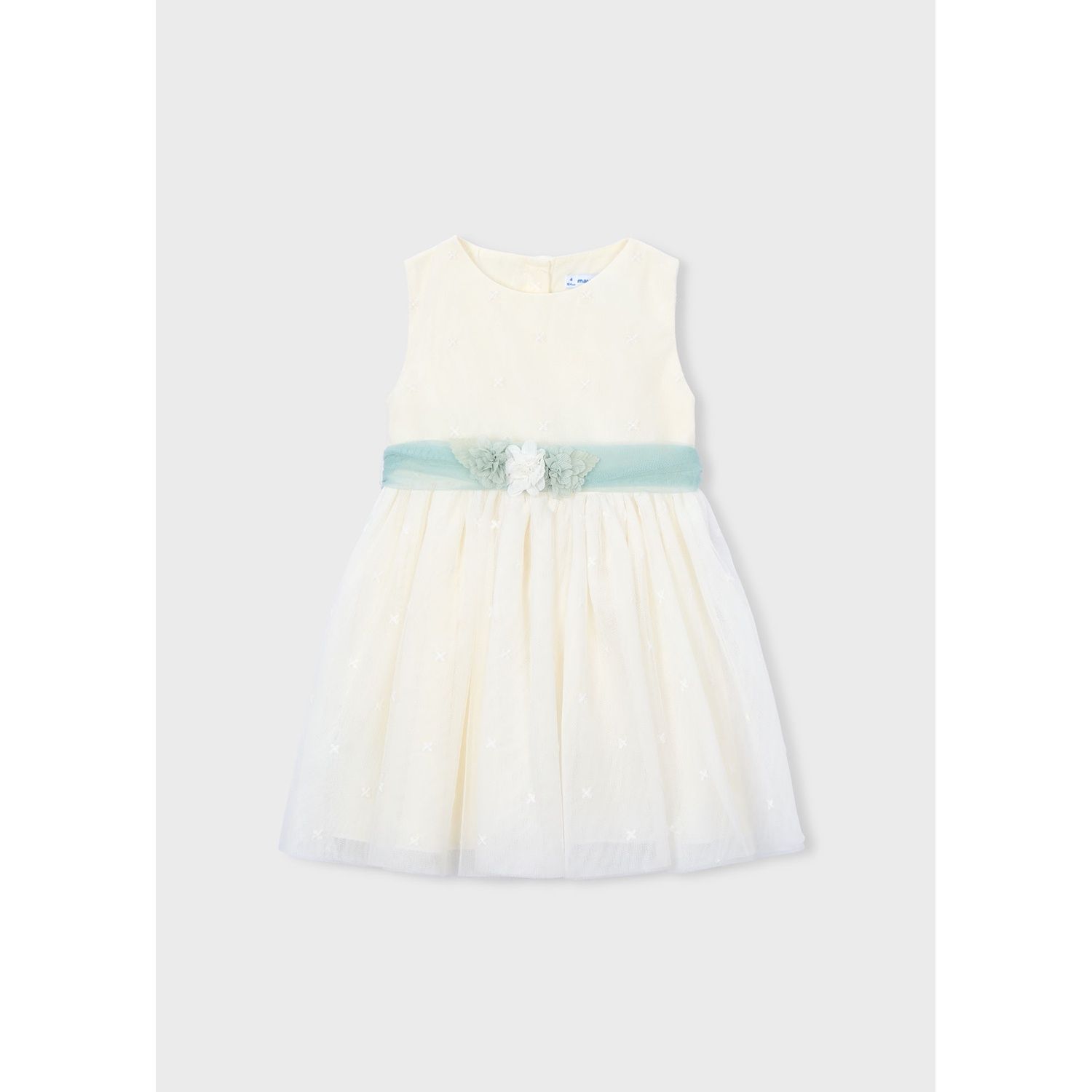OFF WHITE EMBROIDERED TULLE DRESS GREEN BELT / 3919-042