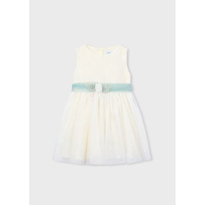OFF WHITE EMBROIDERED TULLE DRESS GREEN BELT / 3919-042