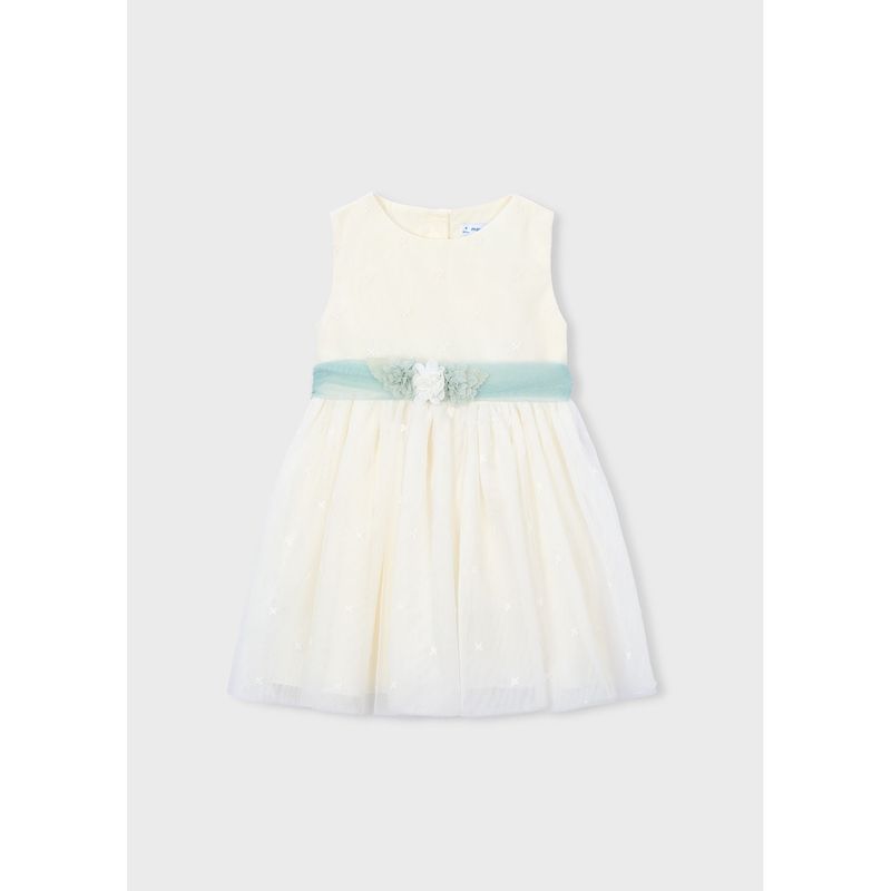 OFF WHITE EMBROIDERED TULLE DRESS GREEN BELT / 3919-042