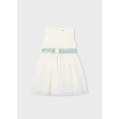 OFF WHITE EMBROIDERED TULLE DRESS GREEN BELT / 3919-042