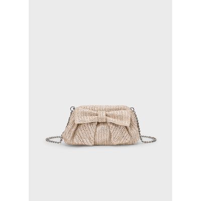 BEIGE CLUTCH PURSE BOW TRIM WOVEN PATTERN / 10207-049