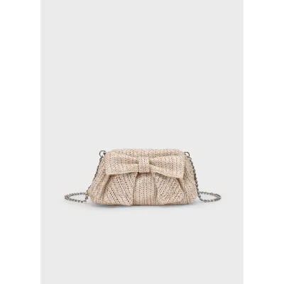 BEIGE CLUTCH PURSE BOW TRIM WOVEN PATTERN / 10207-049