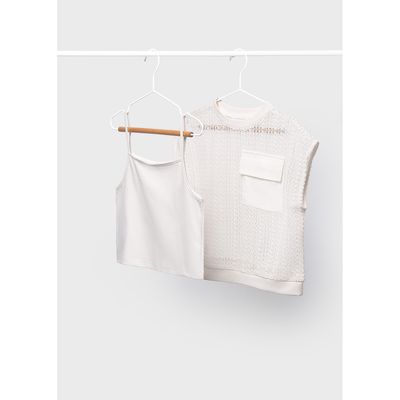CREAM 2PC TWIN SET WITH POCKET CROCHET / 6160-061
