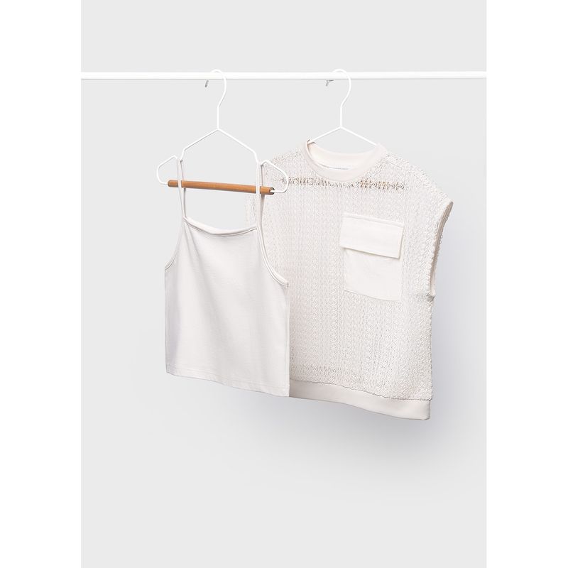 CREAM 2PC TWIN SET WITH POCKET CROCHET / 6160-061