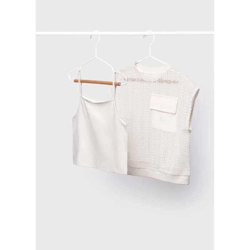 CREAM 2PC TWIN SET WITH POCKET CROCHET / 6160-061