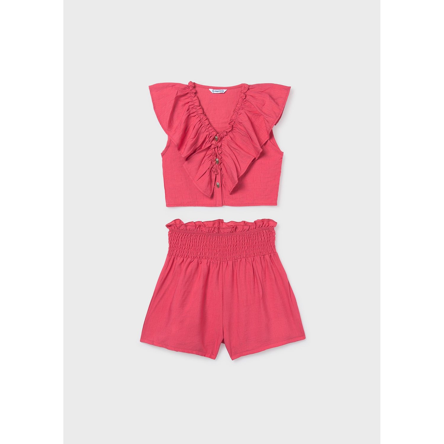 2PC CORAL RUFFLED SHORT SET FLOUNCE & SMOCKING TRIM / 6207-078