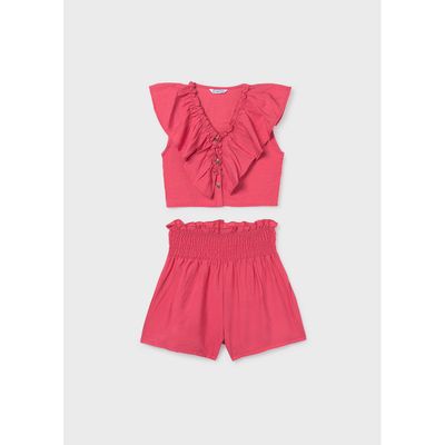 2PC CORAL RUFFLED SHORT SET FLOUNCE & SMOCKING TRIM / 6207-078