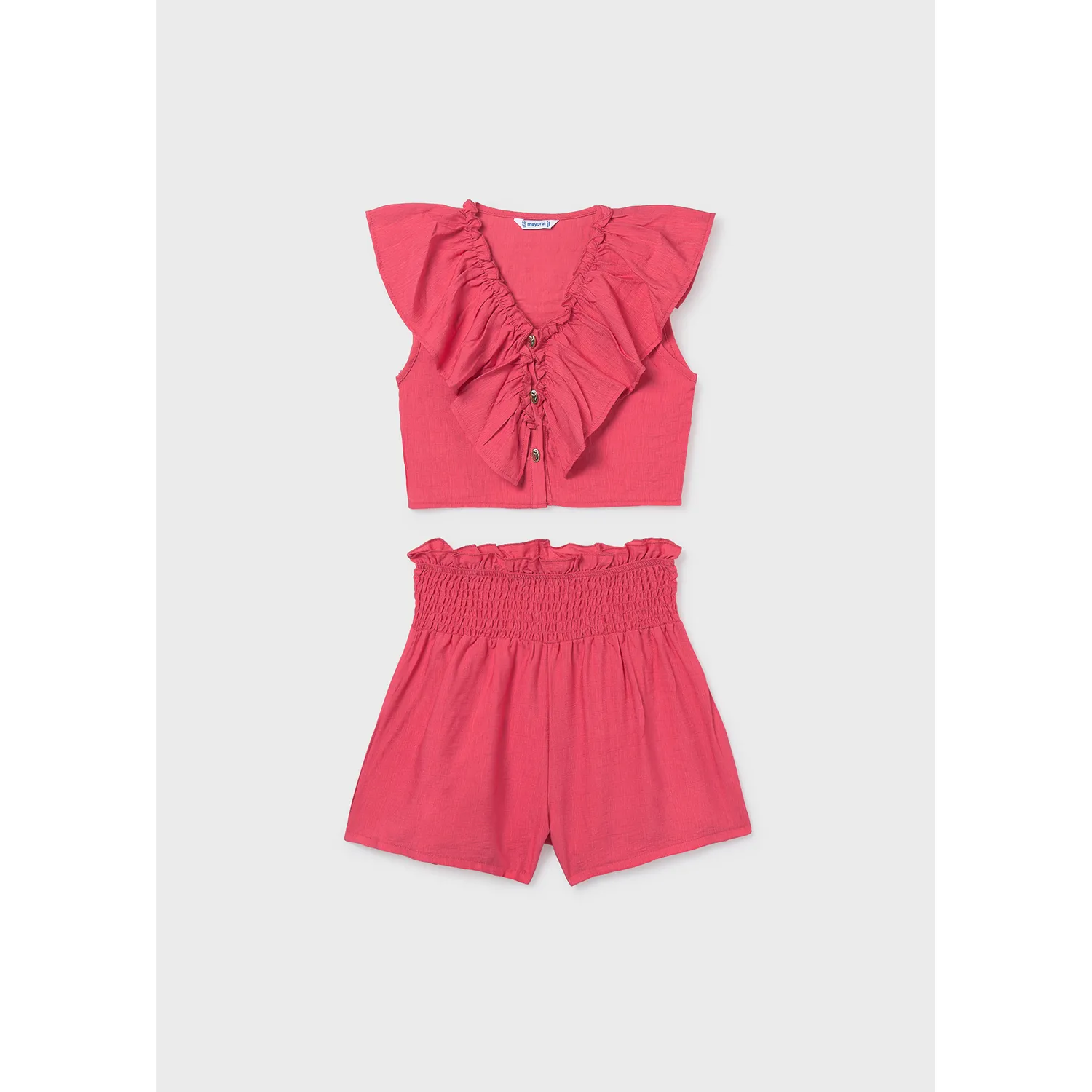 2PC CORAL RUFFLED SHORT SET FLOUNCE & SMOCKING TRIM / 6207-078