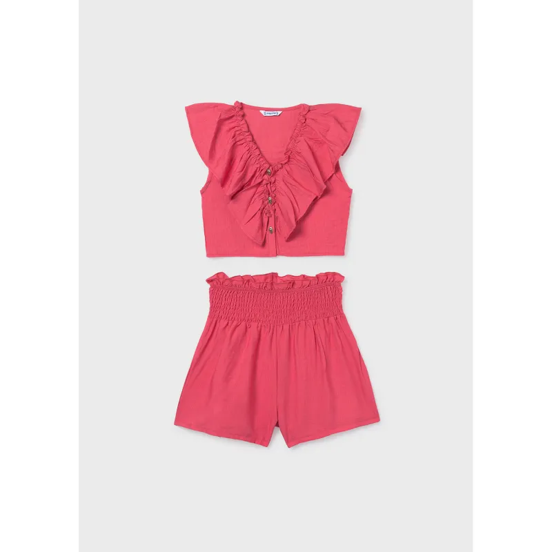 2PC CORAL RUFFLED SHORT SET FLOUNCE & SMOCKING TRIM / 6207-078