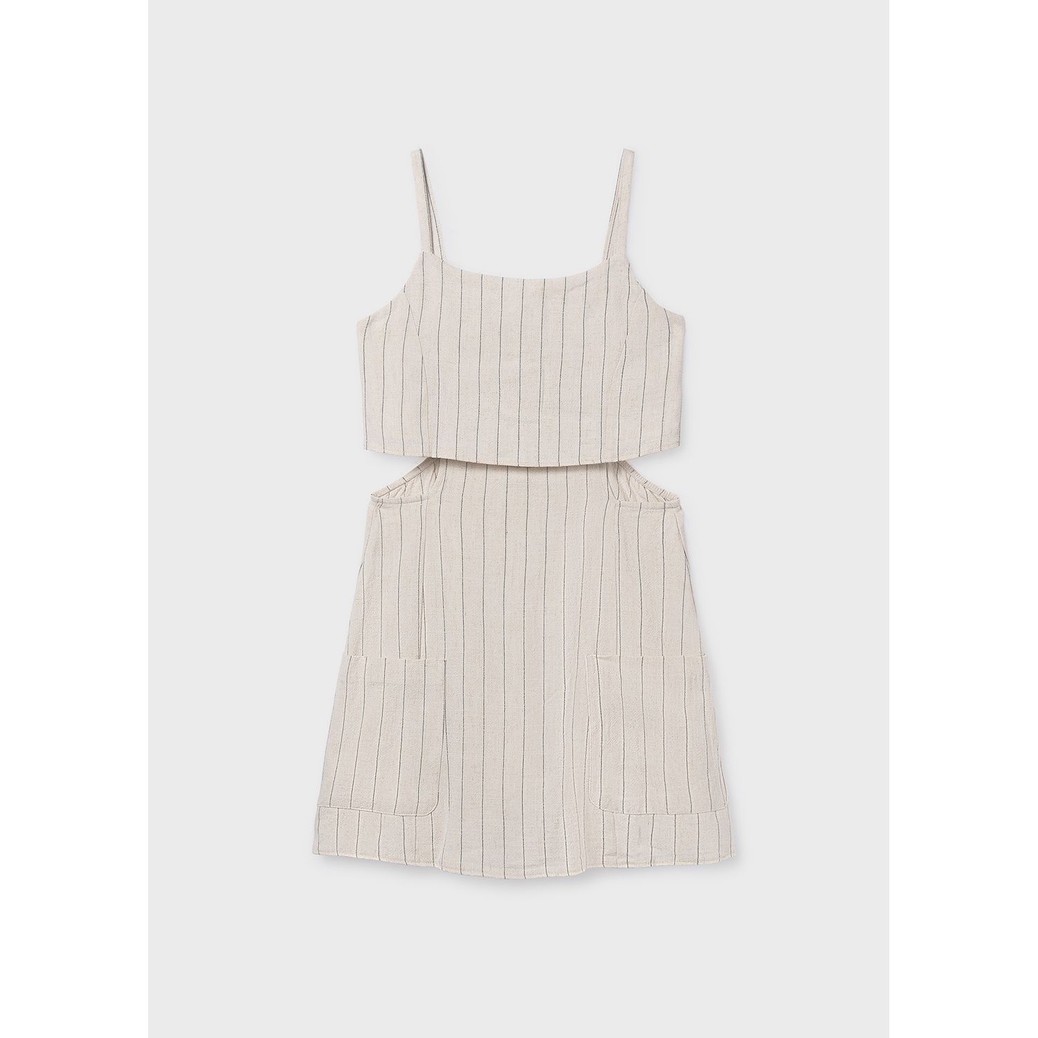 BEIGE LINEN SHORT ROMPER BLK STRP OPEN SIDES / 6874-048