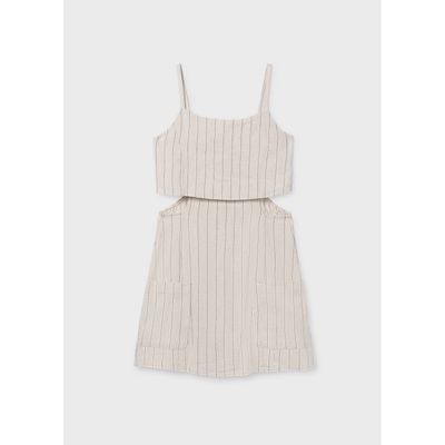 BEIGE LINEN SHORT ROMPER BLK STRP OPEN SIDES / 6874-048
