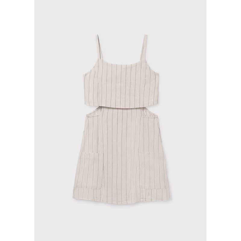 BEIGE LINEN SHORT ROMPER BLK STRP OPEN SIDES / 6874-048