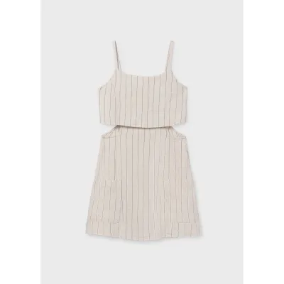 BEIGE LINEN SHORT ROMPER BLK STRP OPEN SIDES / 6874-048