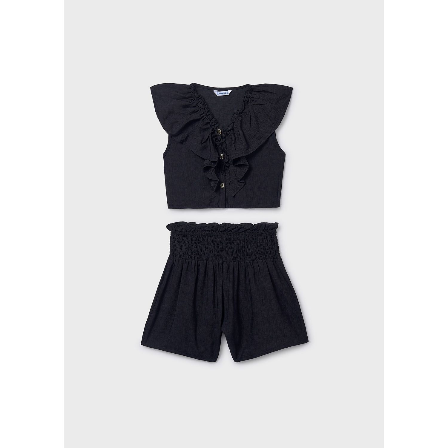 BLACK 2PC SHORT RUFFLED SHORT SET W/SMOCKING / 6207-079