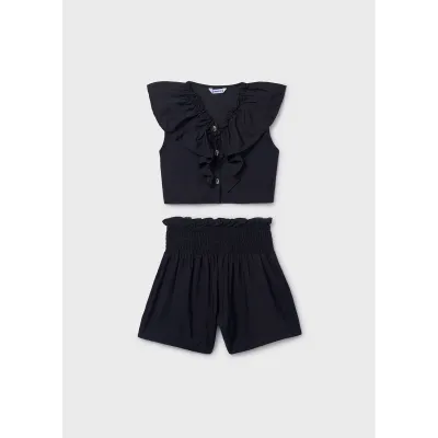 BLACK 2PC SHORT RUFFLED SHORT SET W/SMOCKING / 6207-079