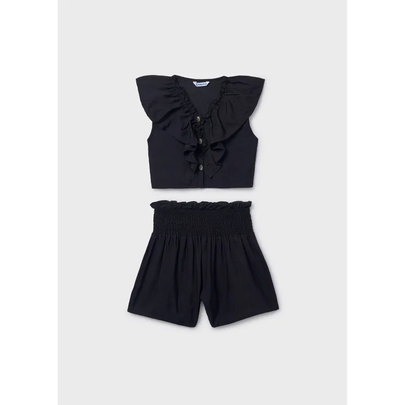 BLACK 2PC SHORT RUFFLED SHORT SET W/SMOCKING / 6207-079