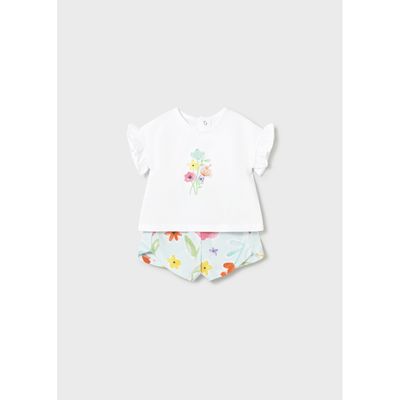 2PC WHITE & BLUE SHORT SET FLORAL PRINT / 1291-043