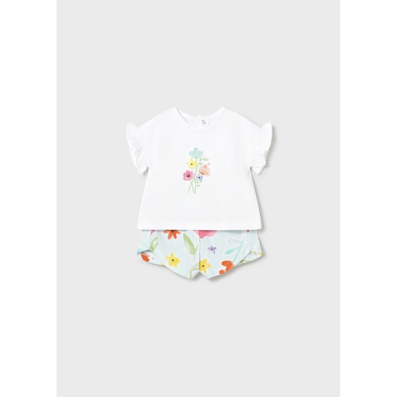 2PC WHITE & BLUE SHORT SET FLORAL PRINT / 1291-043