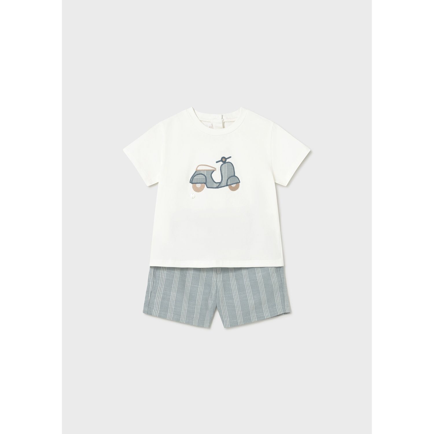 2PC CREAM & GREEN SHORT SET SCOOTER APPLIQUE / 1227-097