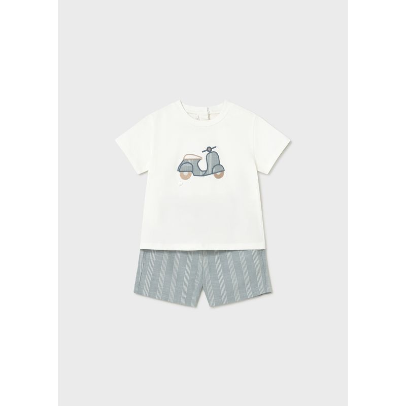 2PC CREAM & GREEN SHORT SET SCOOTER APPLIQUE / 1227-097